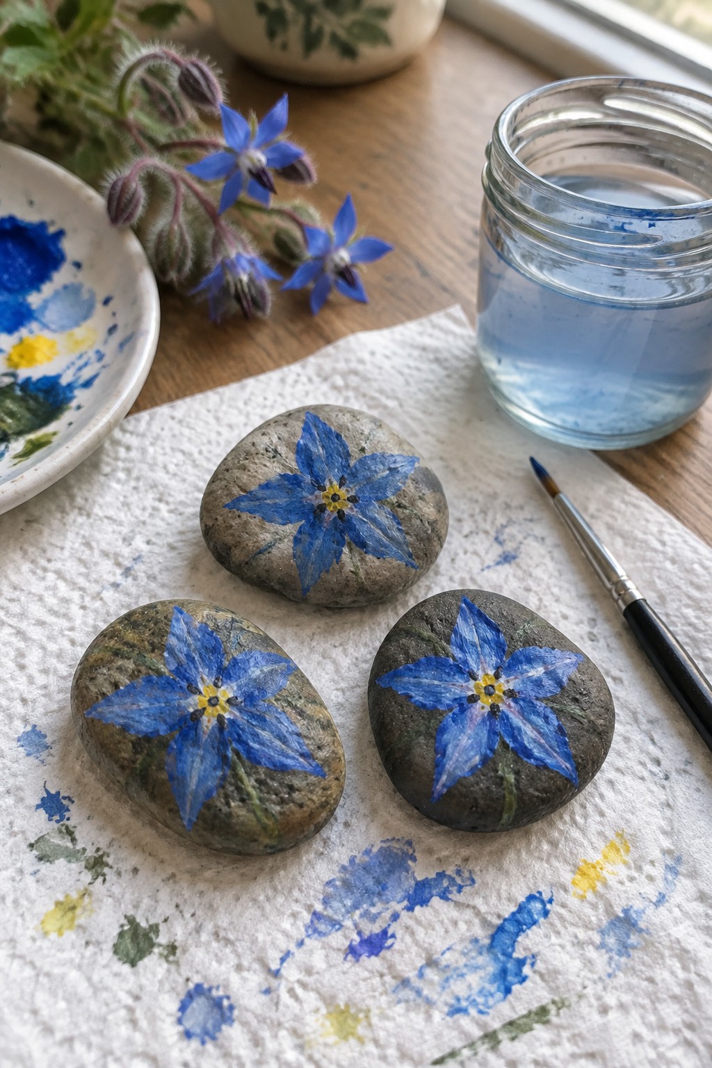 Three painted rocks with blue flowers on stained paper towel beside art supplies