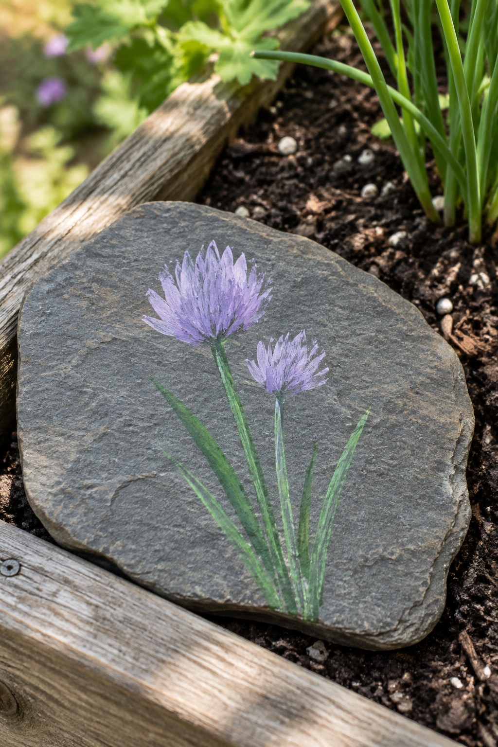 Dark gray stone painted with two purple flowers and green leaves in garden soil