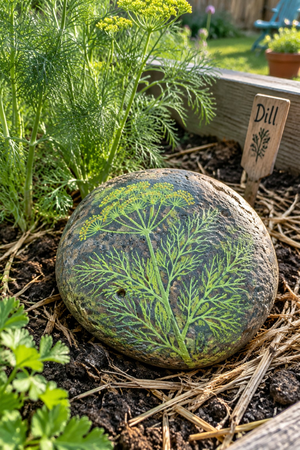 Painted rock with dill foliage design in garden bed beside wooden sign