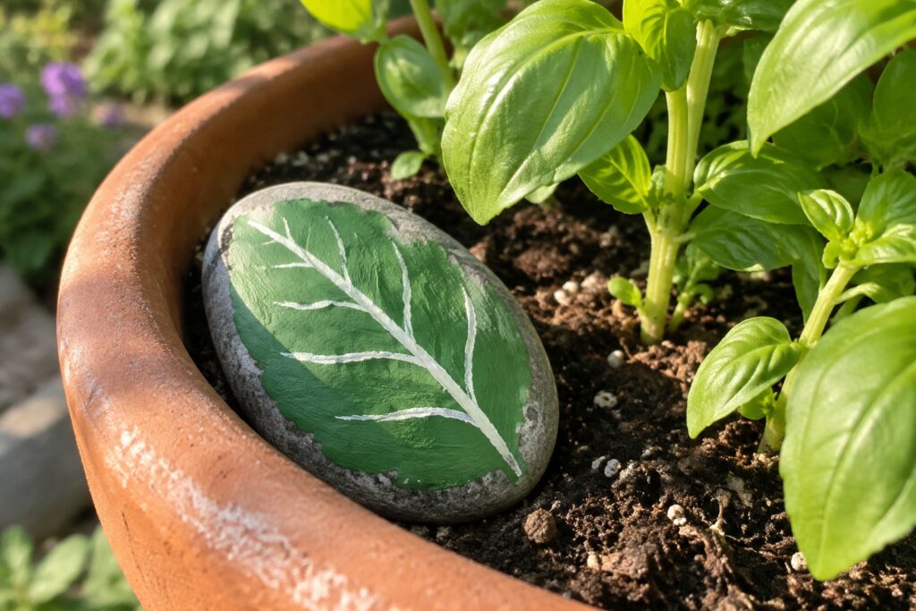 Painted stone with green leaf and white veins in potted basil plant