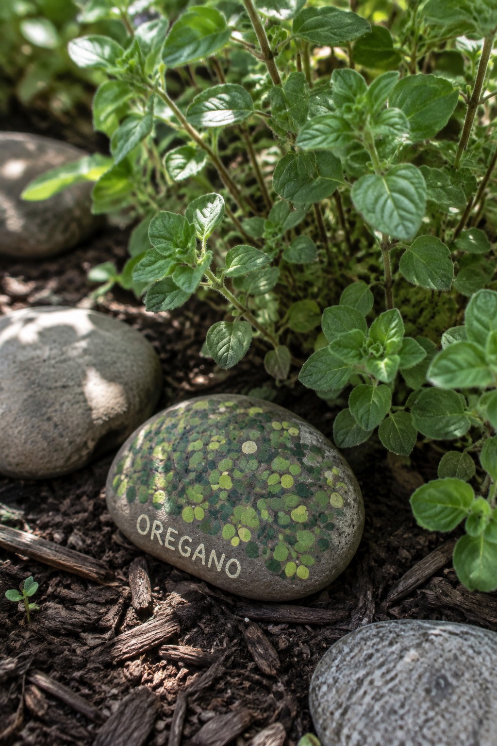 Painted garden rock with green dots spelling OREGANO amid herbs and stones