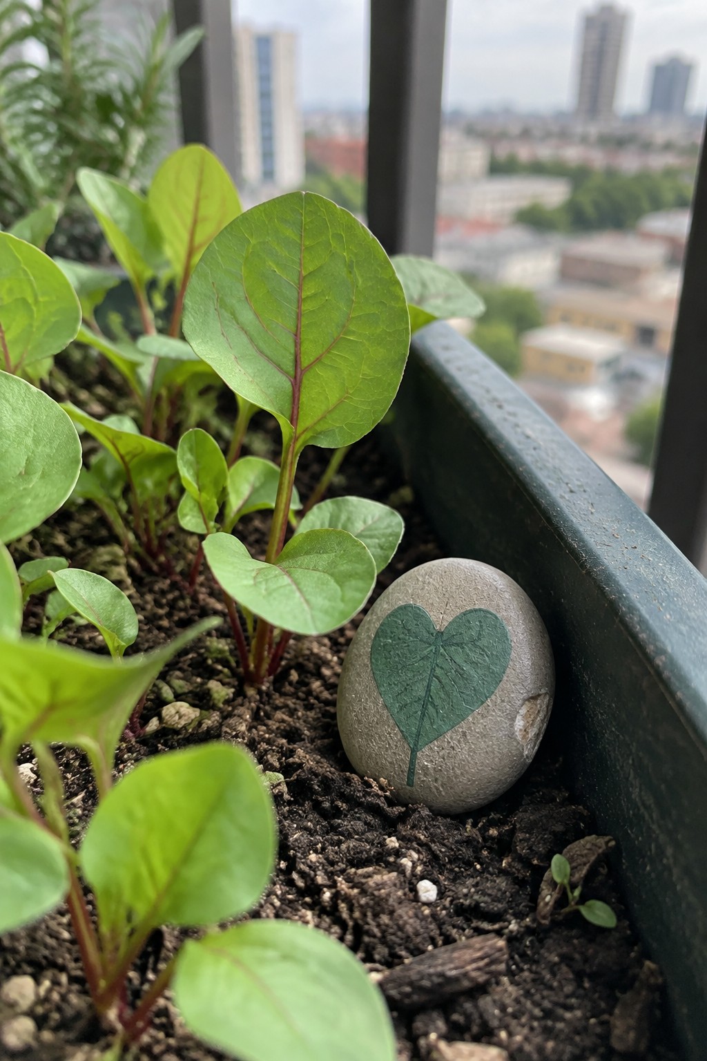 Green leafy plants with red stems beside a heart-painted stone in a city planter.
