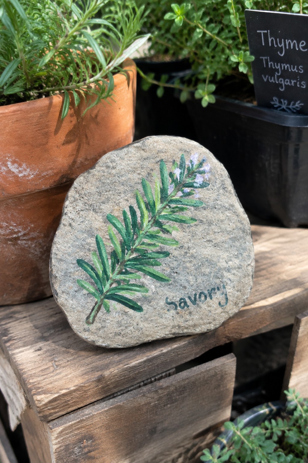 Painted rock with green herb sprig and 