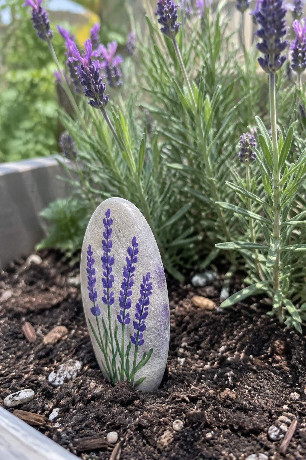 Gray stone painted with purple lavender flowers standing in dark garden soil