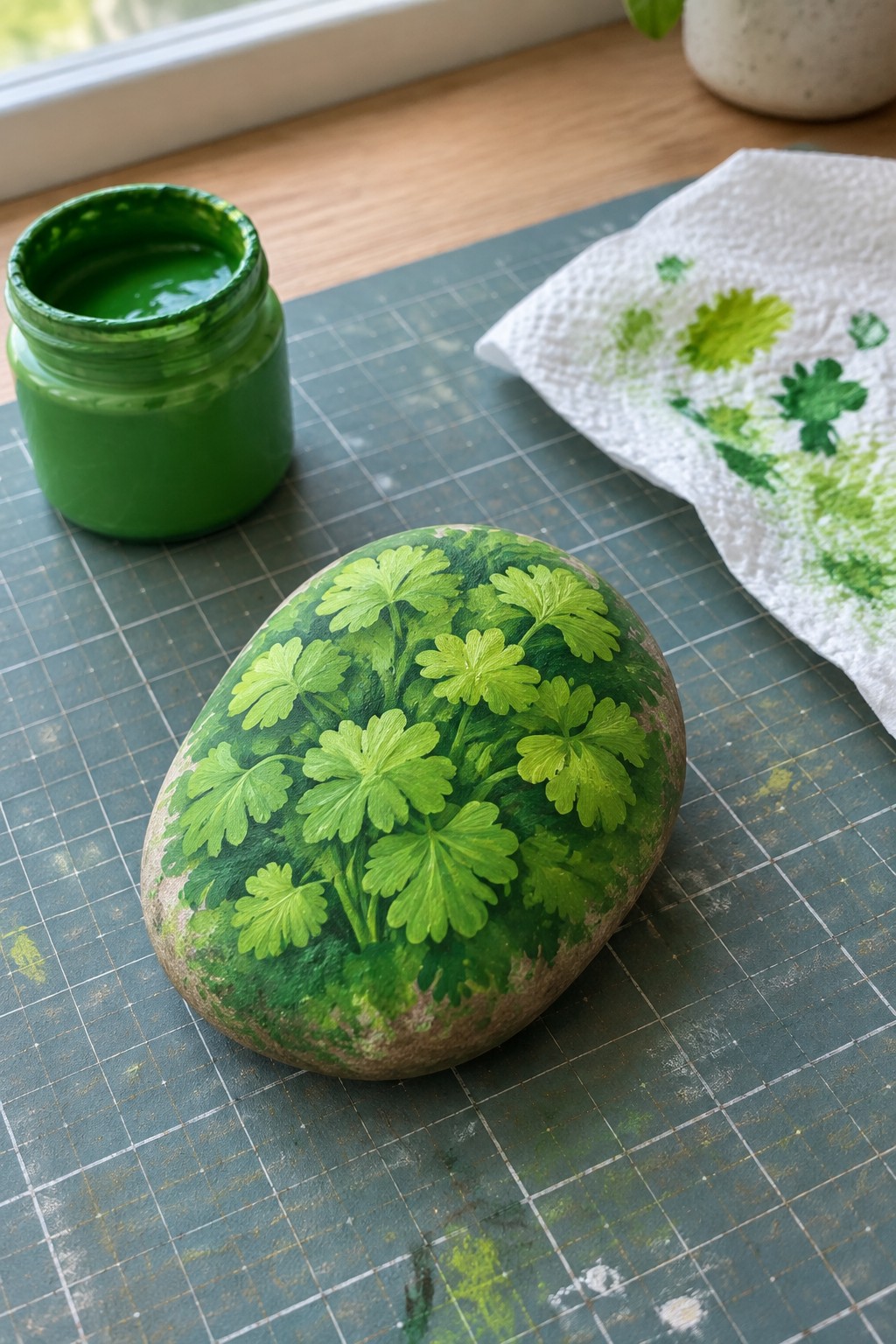 Painted stone with green leaves beside open paint jar and stained paper towel on mat