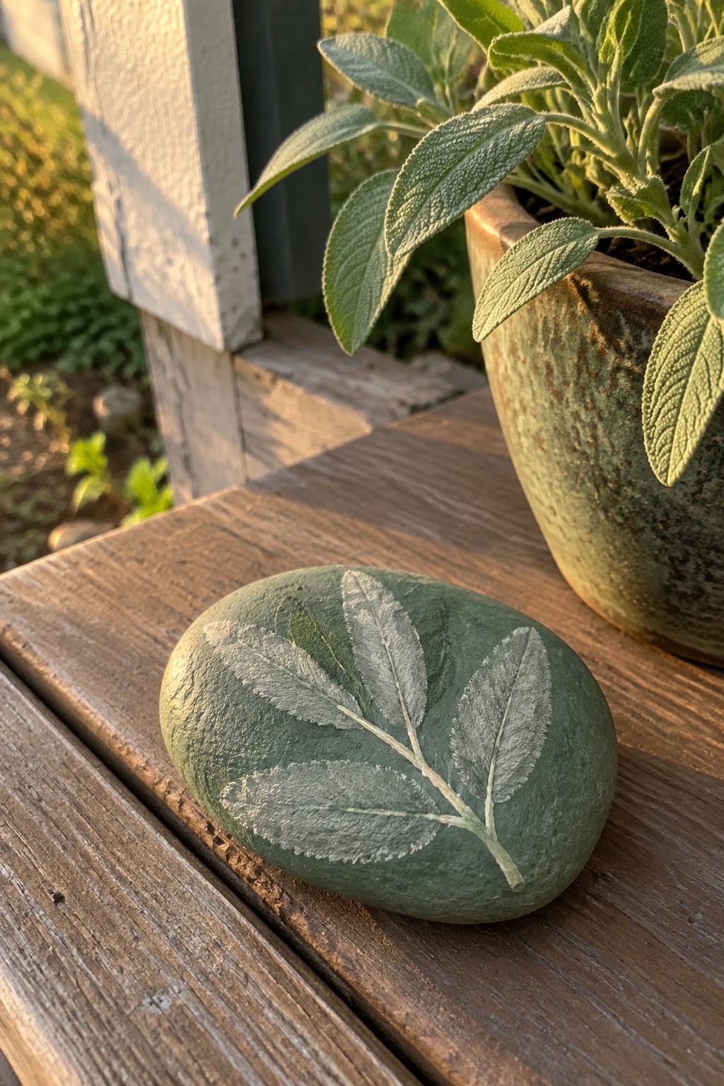 Green rock with leaf imprints rests on wooden surface beside potted sage plant
