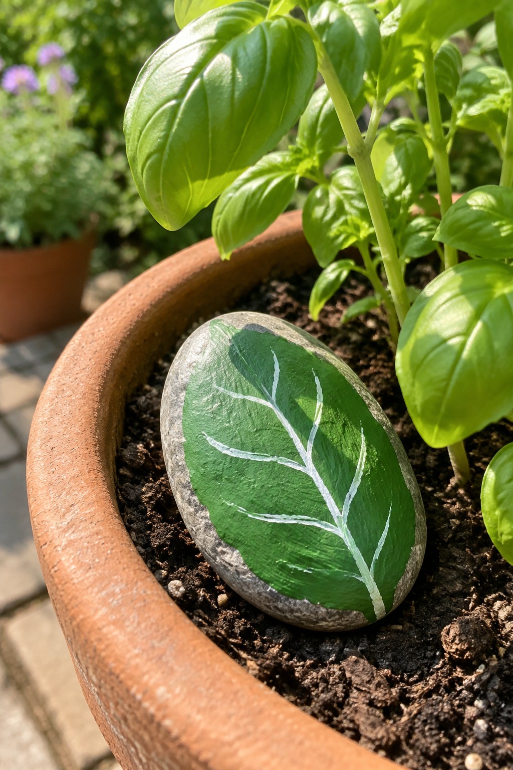 Painted stone with green leaf and white veins in potted basil plant