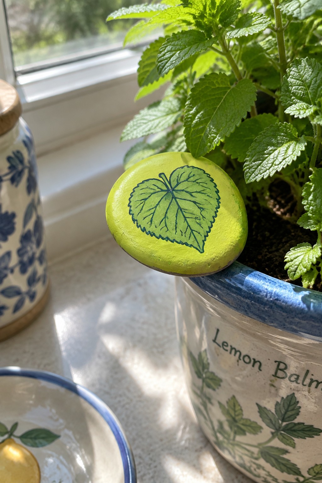 Lime green painted stone with leaf on lemon balm ceramic plant pot by window