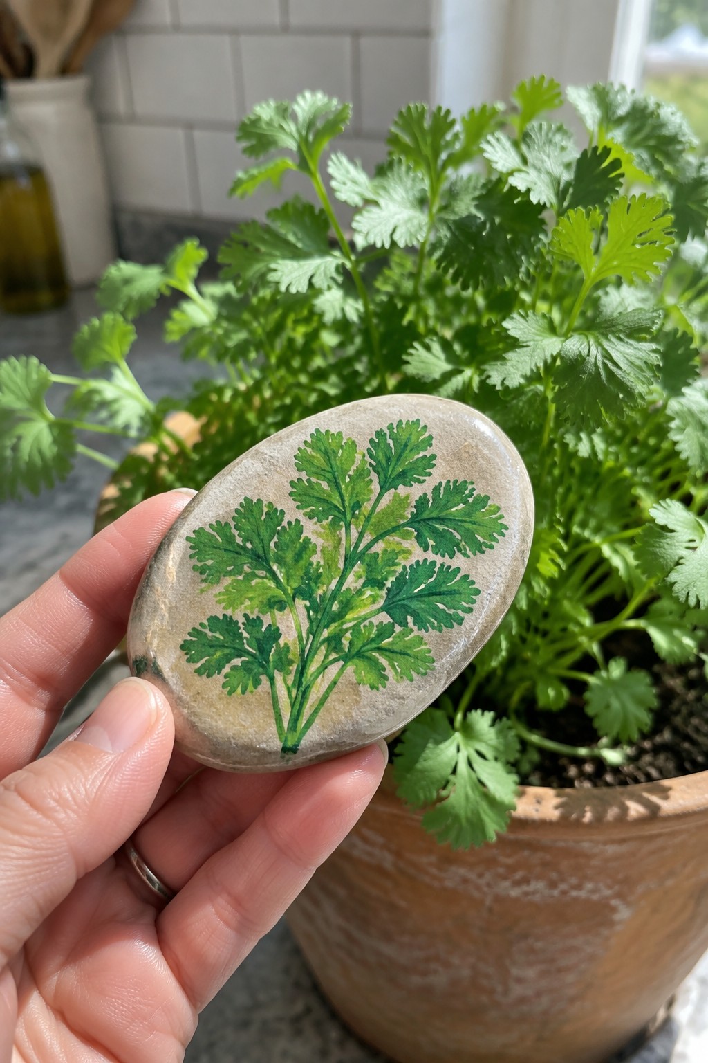 Hand holding painted stone with green cilantro design beside potted herb plant.