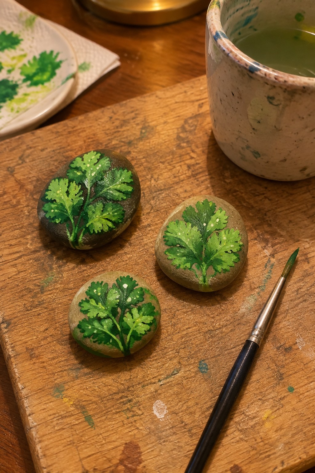 Three herb-painted stones beside a paintbrush on a splattered wooden surface