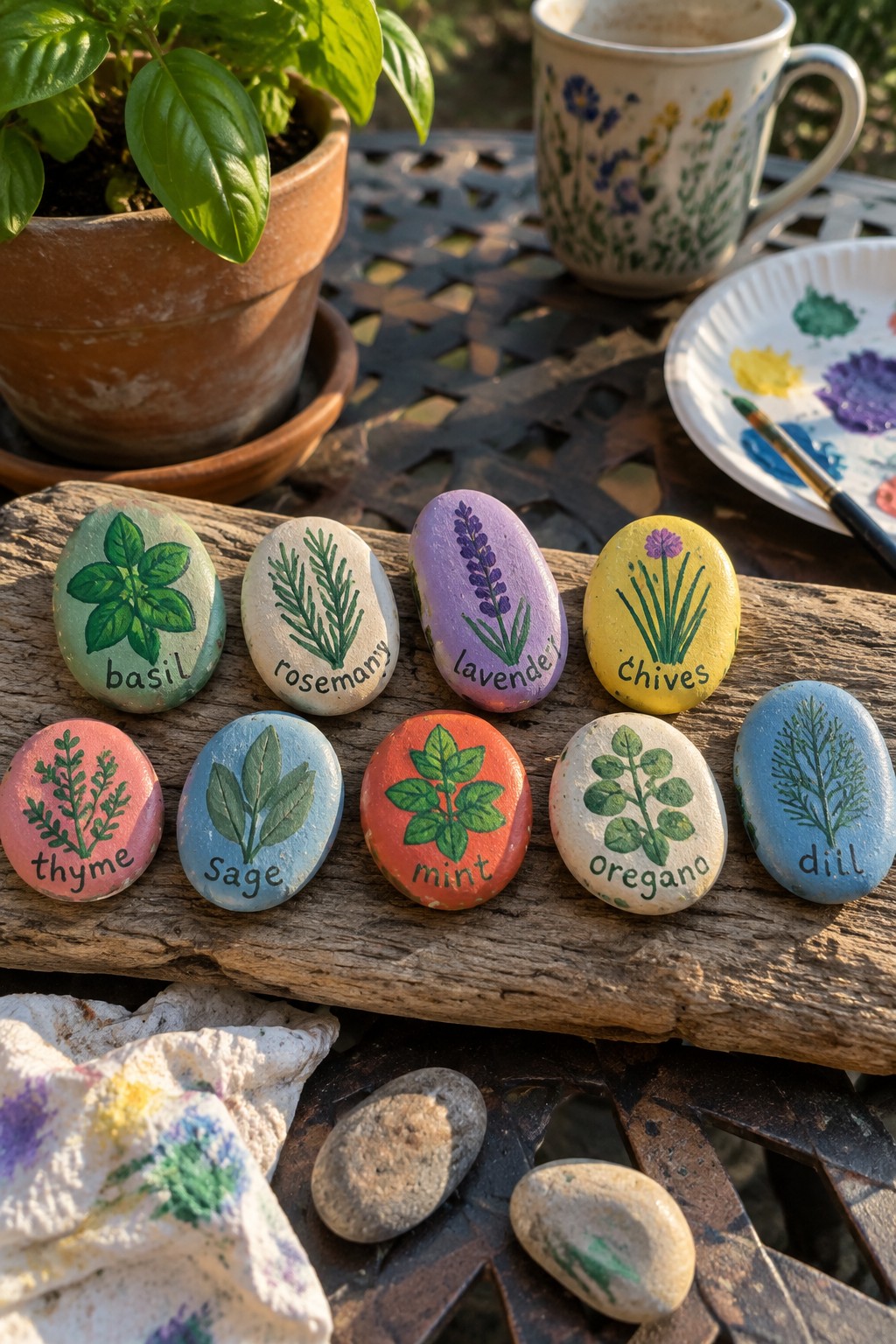 Painted herb-labeled rocks on wood beside potted basil, mug, and paint palette