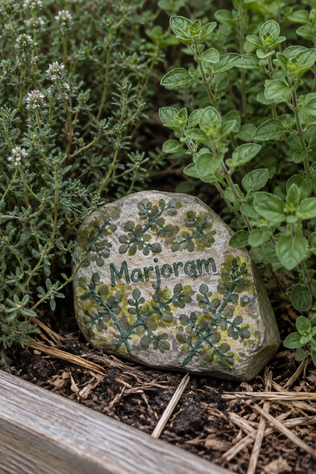Painted stone marker for marjoram surrounded by green plants in garden bed