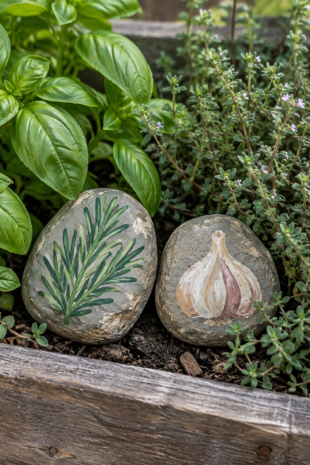 Two painted stones as rosemary and garlic among basil and thyme in wooden planter.
