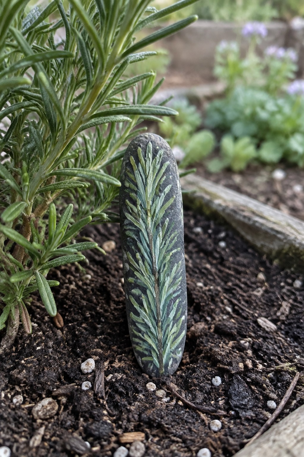 Painted oval stone with green leafy design upright in garden soil near rosemary.