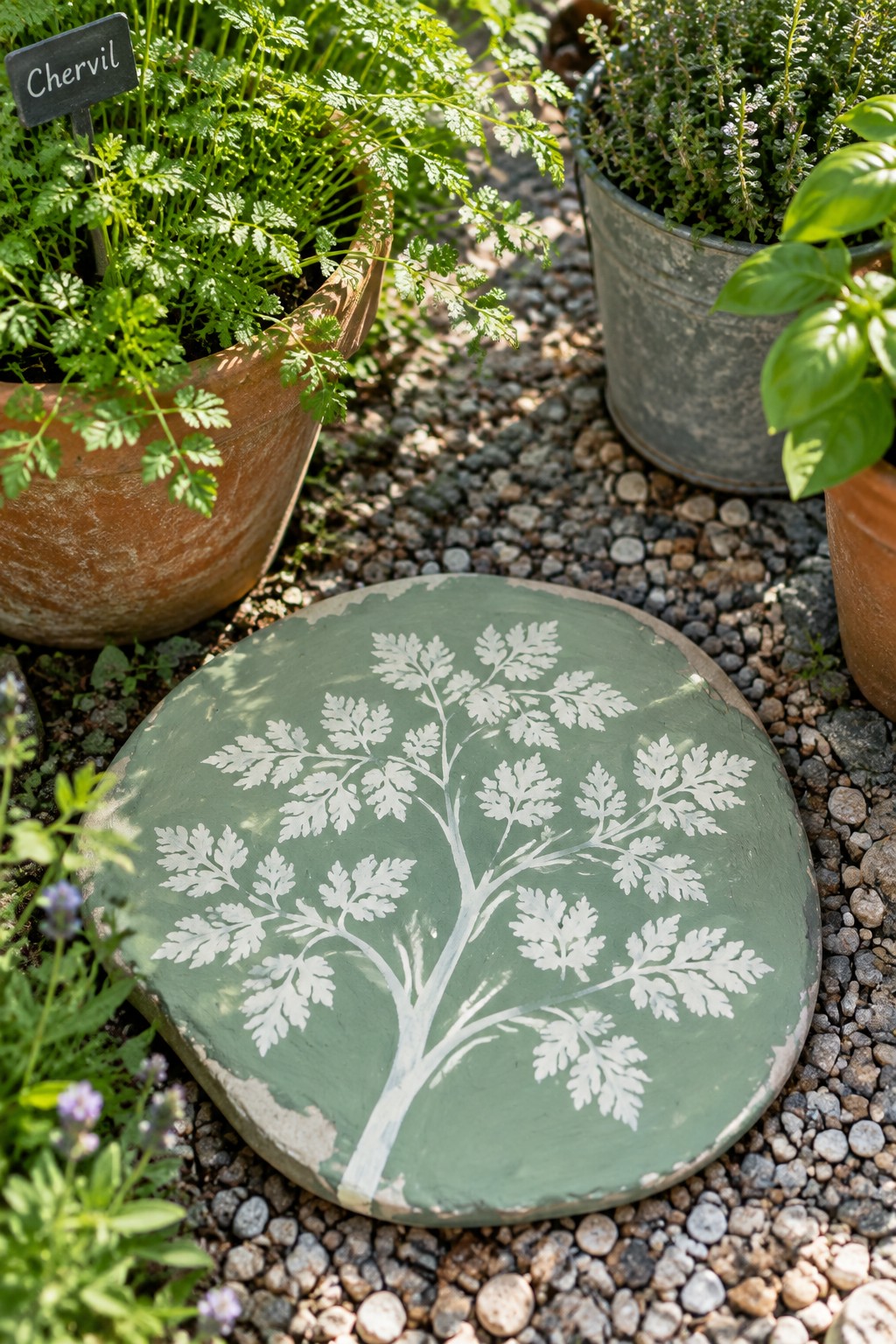 Green stepping stone with white chervil print amid potted herbs on gravel