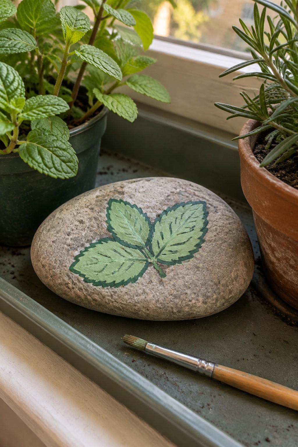 Painted stone with three green leaves and paintbrush on windowsill with potted plants