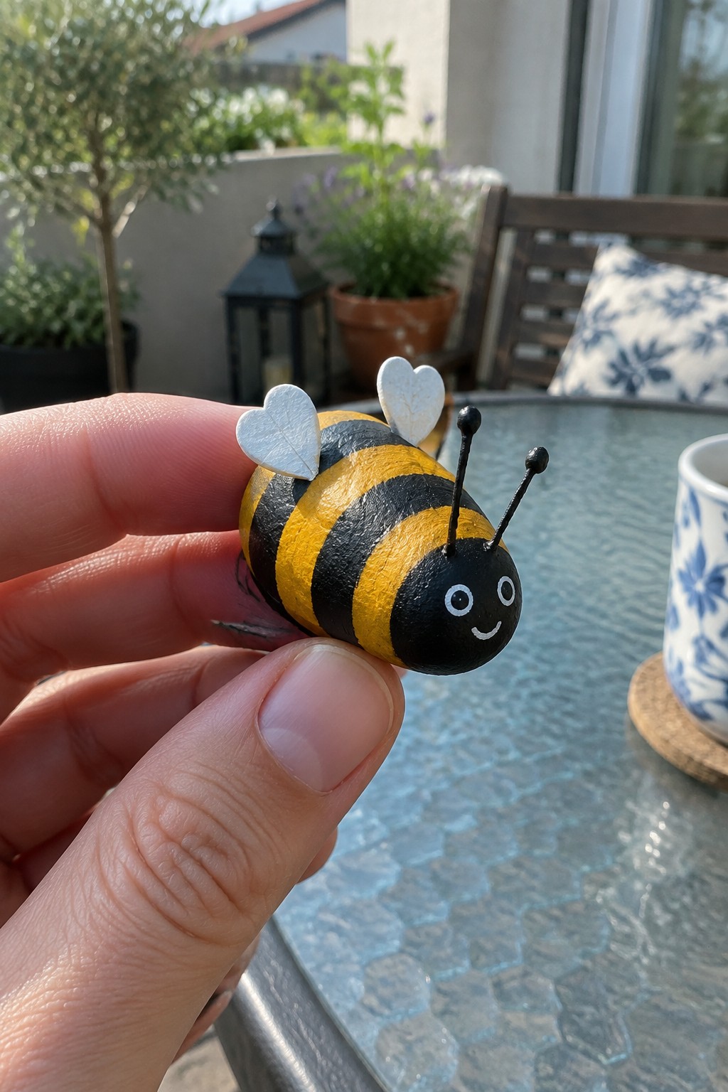 Hand holding painted rock bee with yellow-black stripes, white heart wings, and antennae