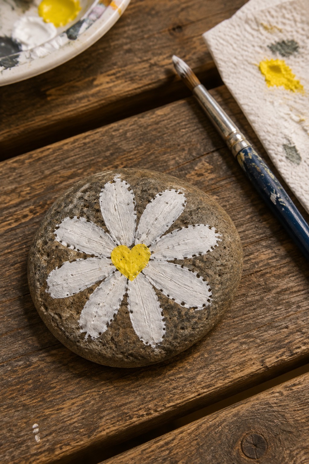 Painted rock with white daisy petals and yellow heart beside paintbrush