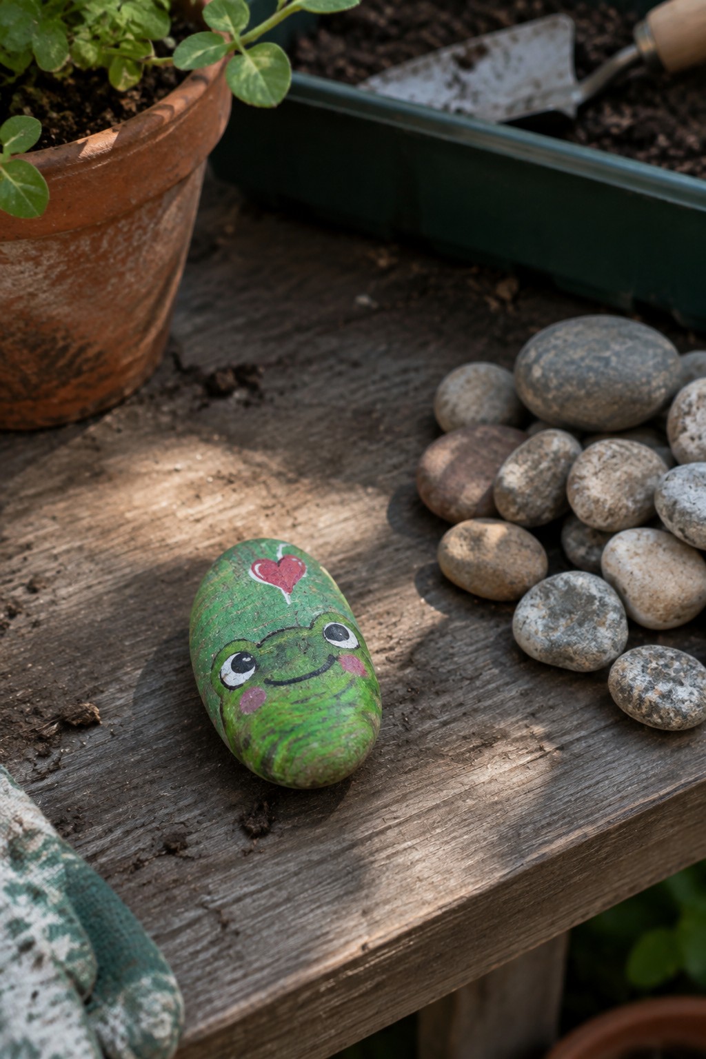 Green frog painted rock with heart on wood near glove and stones