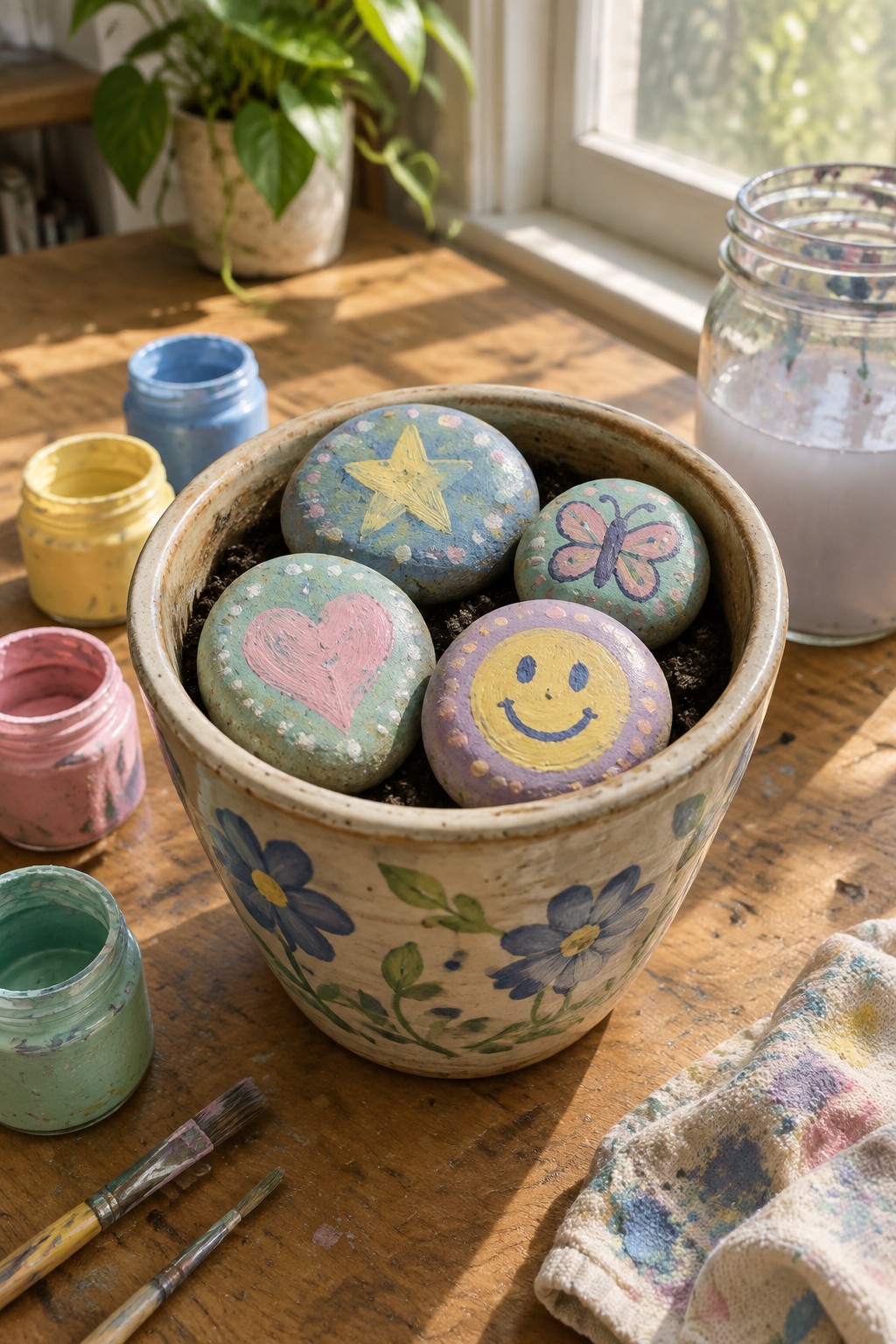 Four painted rocks showing a heart, star, butterfly, and smiley face rest in soil inside a decorated ceramic pot on a wooden table.