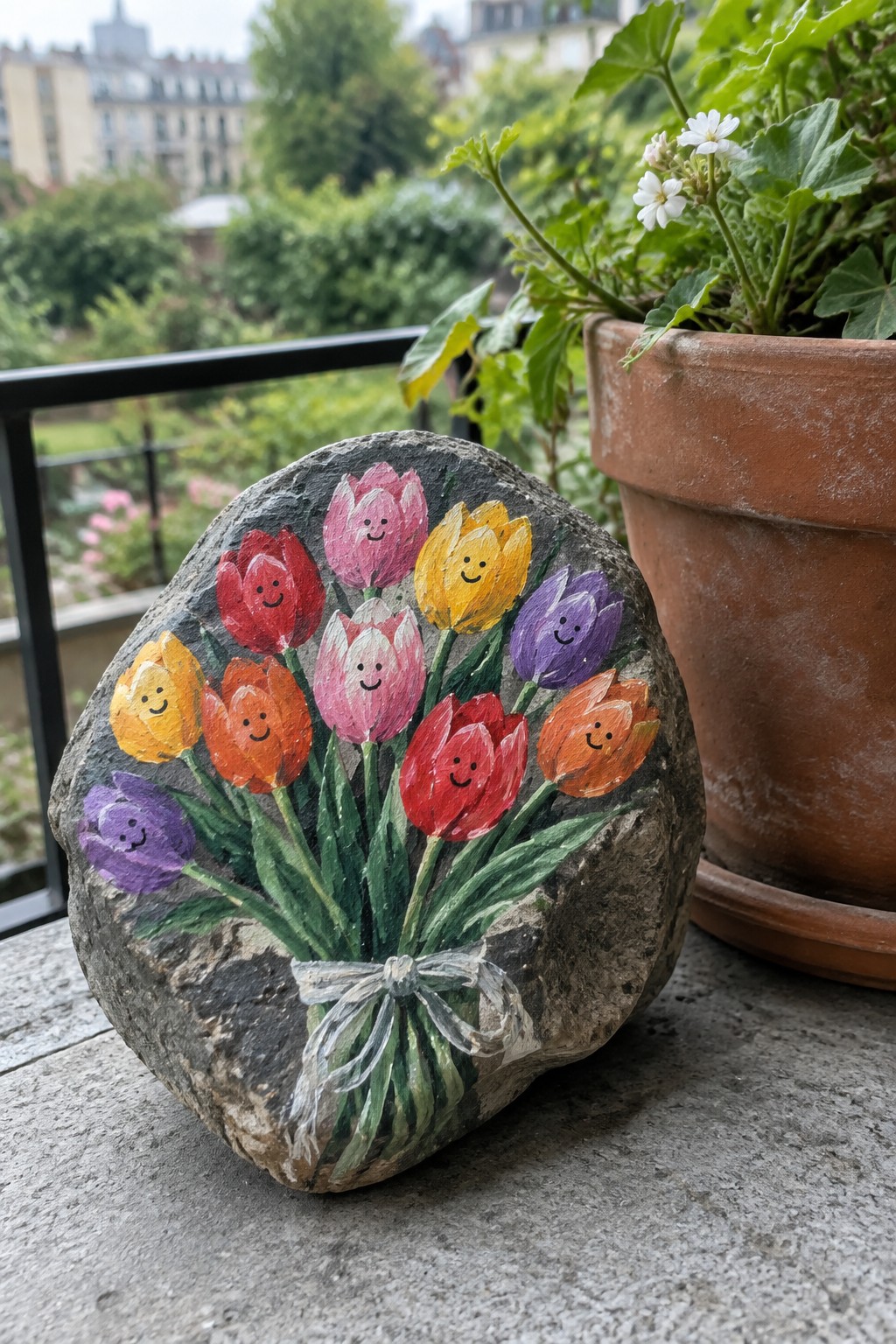 Painted rock with smiling multicolored tulips tied by white ribbon bow.