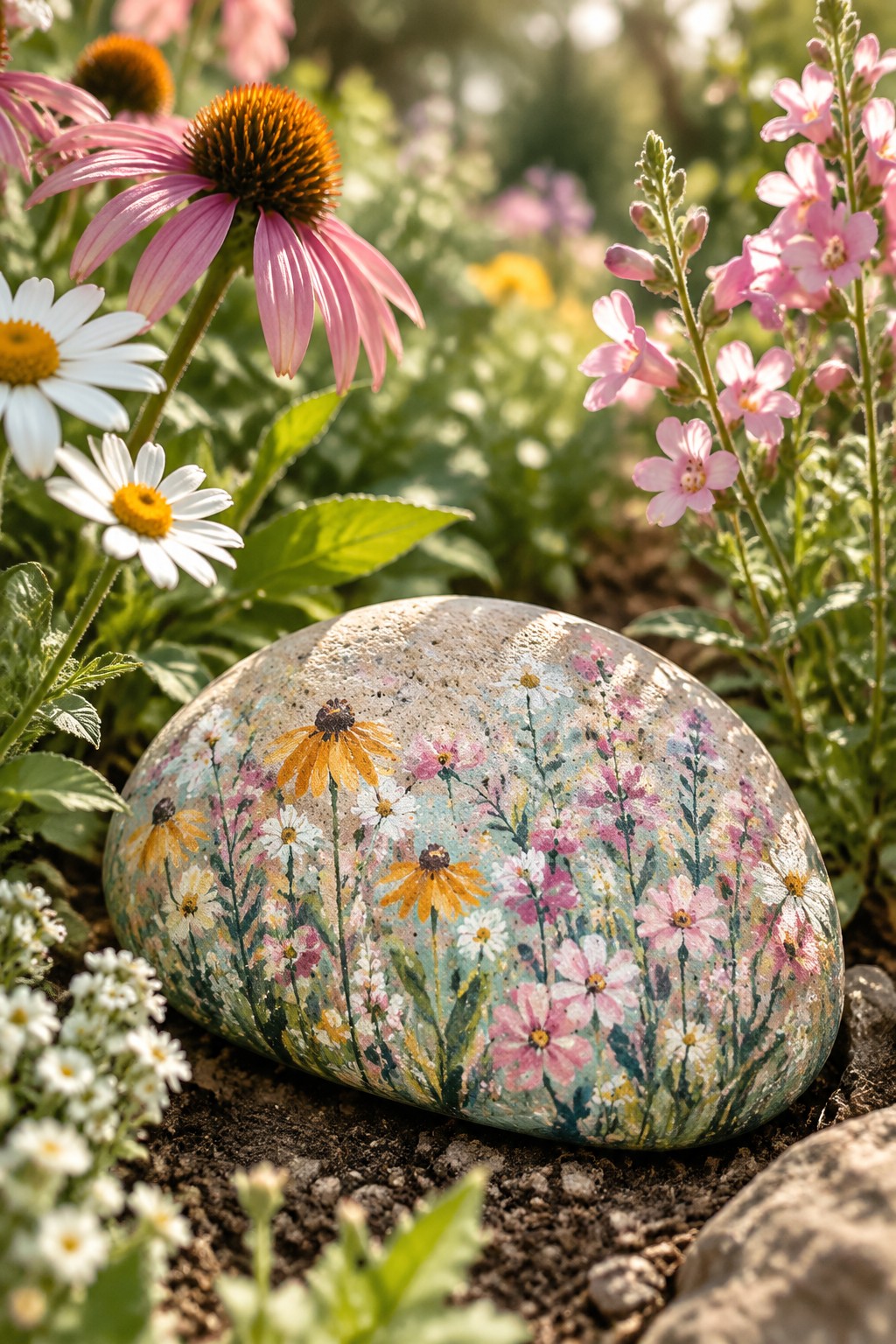 Painted rock with colorful wildflowers amid blooming garden plants and soil.
