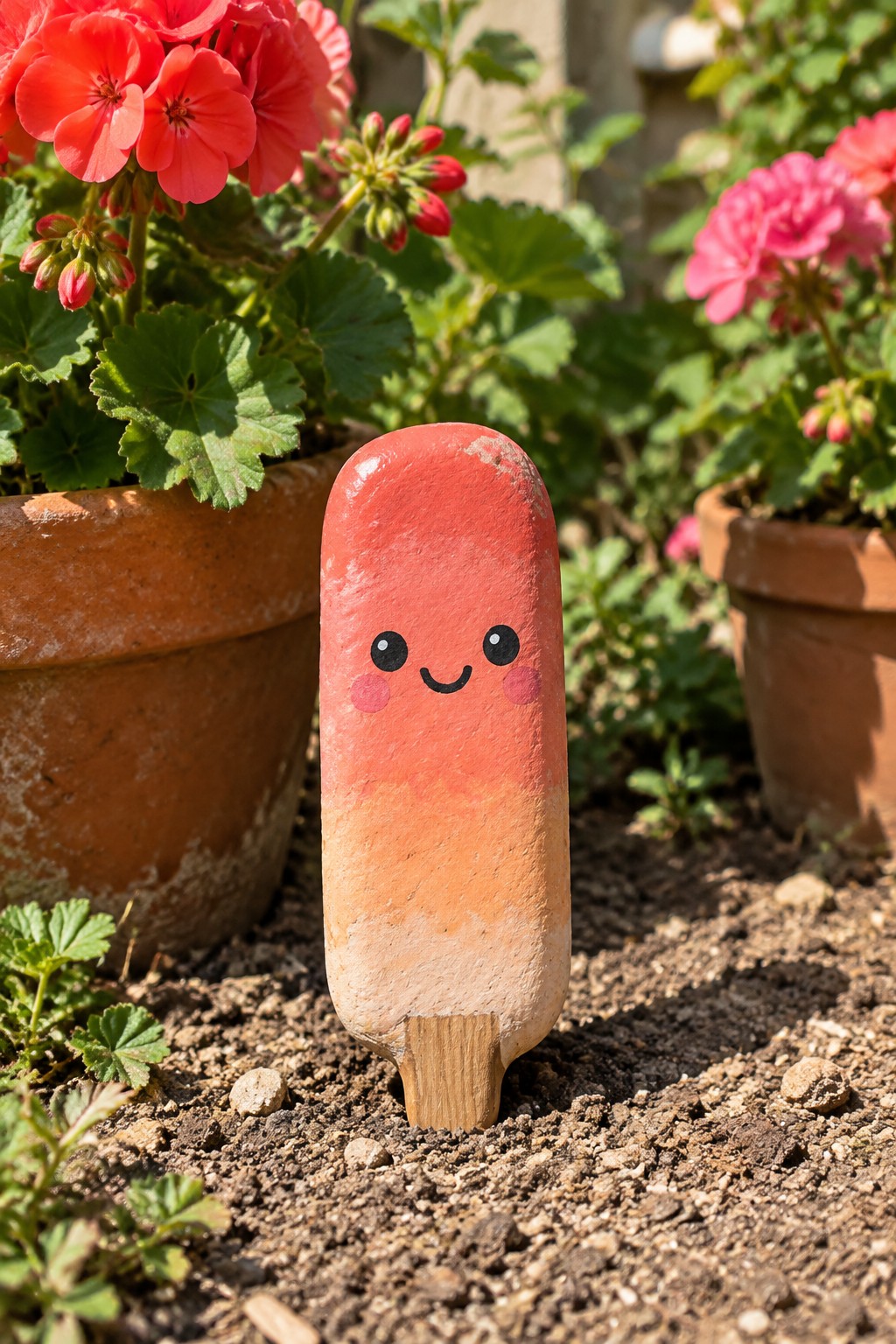 Cute faced red-orange popsicle figurine planted in soil beside blooming flower pots