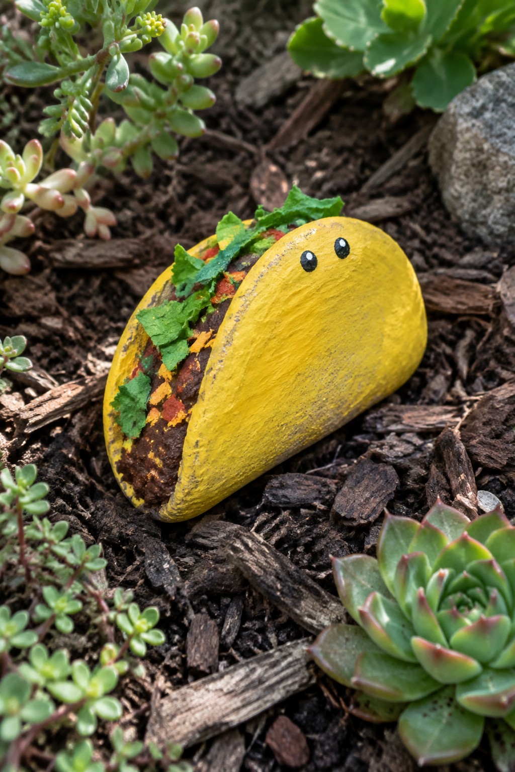 Painted rock taco with eyes and green toppings on garden soil among plants