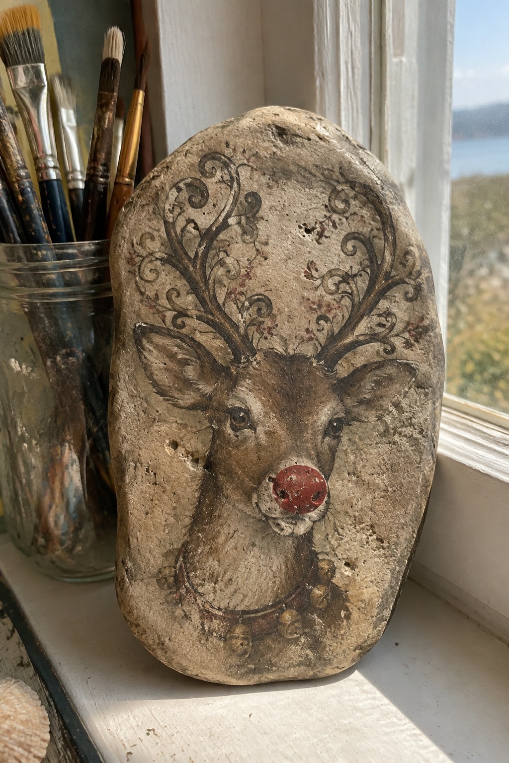 Painted rock with ornate reindeer, red nose, and bells on windowsill beside brushes