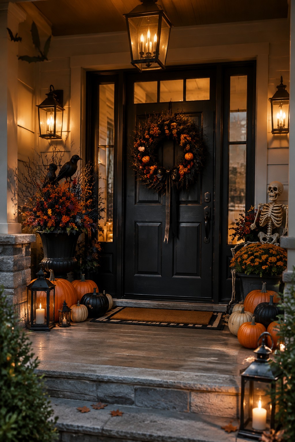 Halloween porch with black door, pumpkin wreath, skeleton, glowing lanterns, and autumn pumpkins.