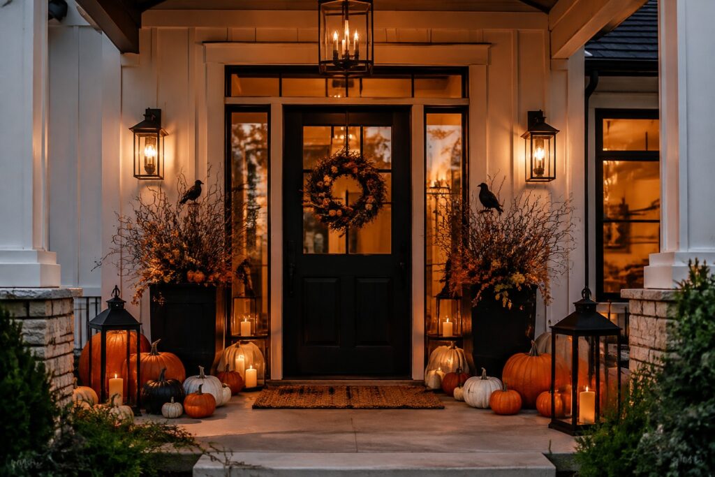 Front entrance with a large wreath on a black door, flanked by planters holding black crows and colorful flowers, with pumpkins and lanterns arranged on the stone steps.