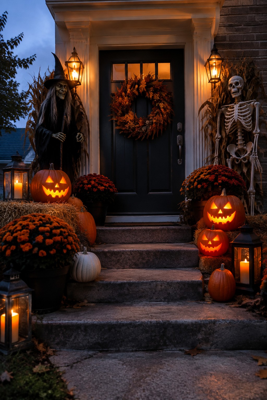 Front entrance with a witch figure on the left and a skeleton on the right of a black door, plus several glowing jack o lanterns on the steps.