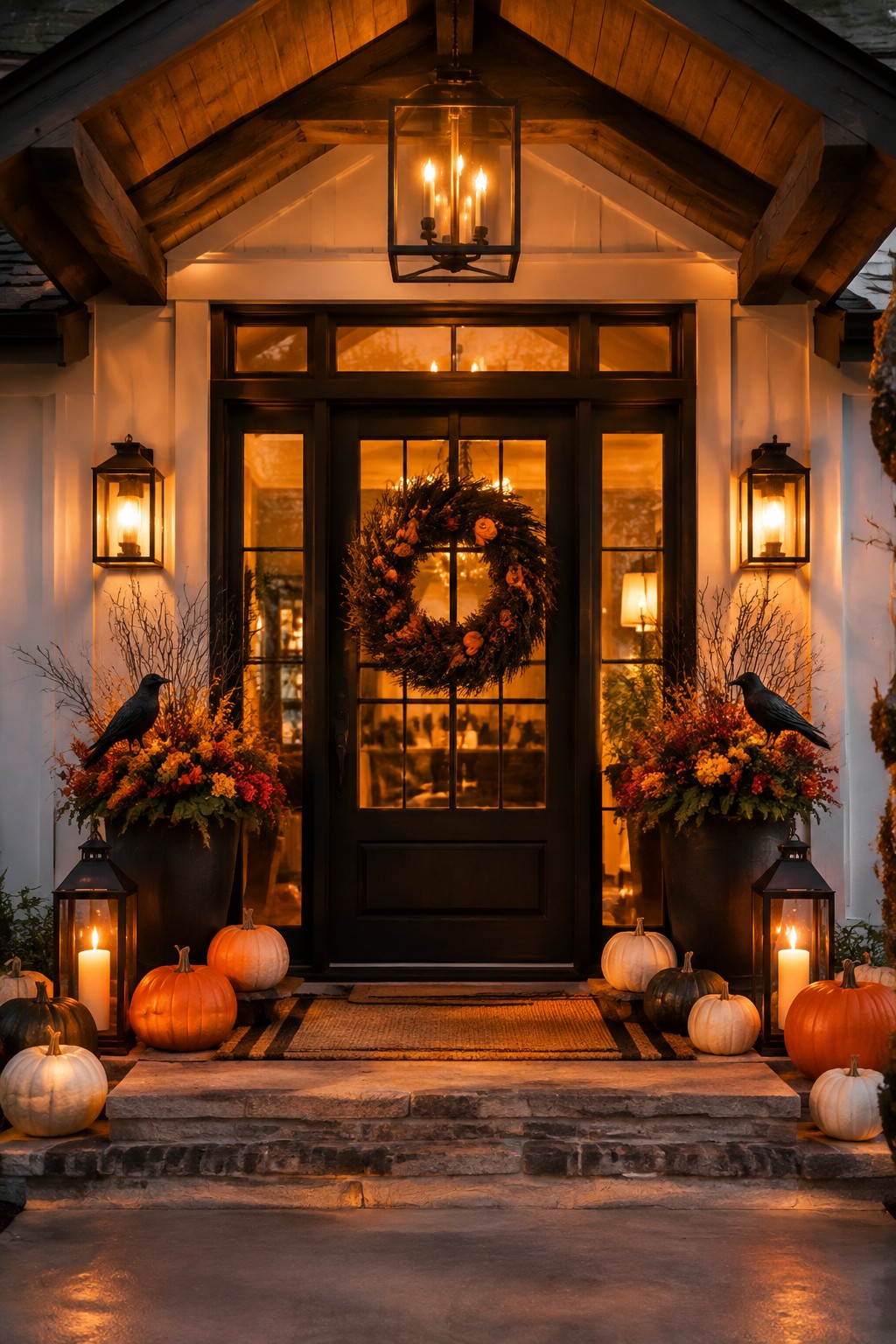 Front entrance with a large wreath on a black door, flanked by planters holding black crows and colorful flowers, with pumpkins and lanterns arranged on the stone steps.