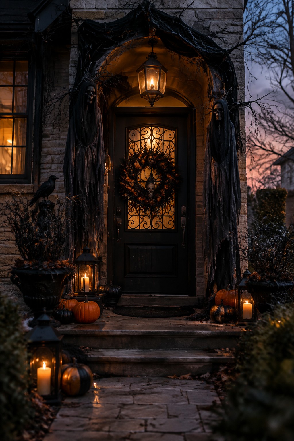 Haunted stone doorway with robed skeletons, skull wreath, pumpkins, and glowing lanterns.