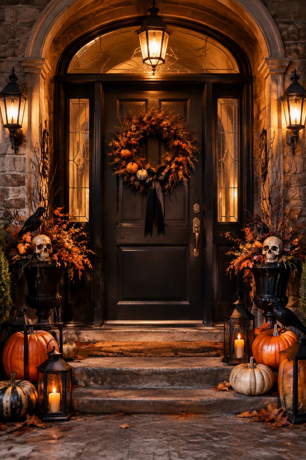 Black door with autumn wreath, pumpkins, skulls, crows, and glowing lanterns.
