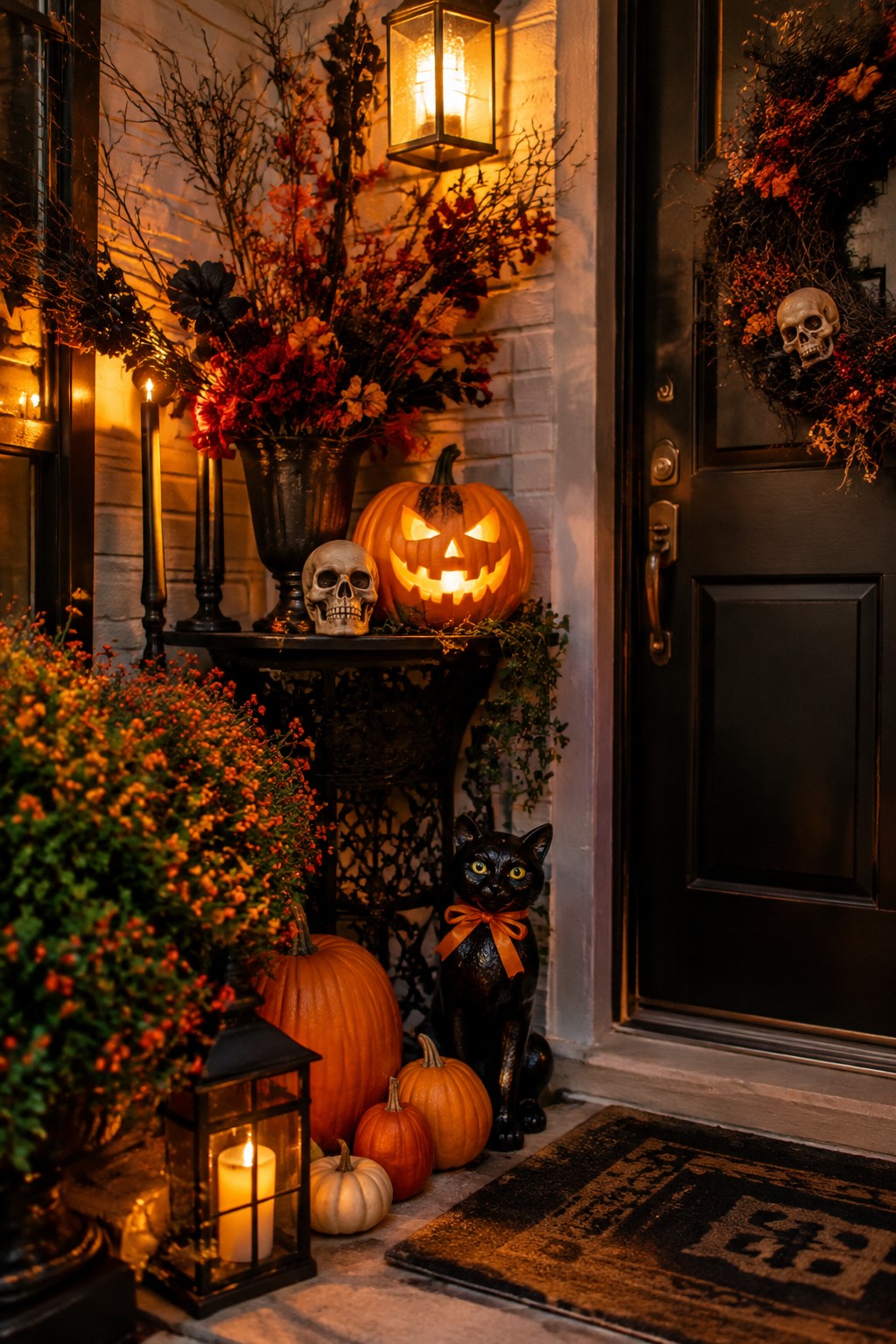Front entrance with a glowing carved jack o lantern, black cat statue with orange bow, skulls, and autumn flowers beside a dark door.