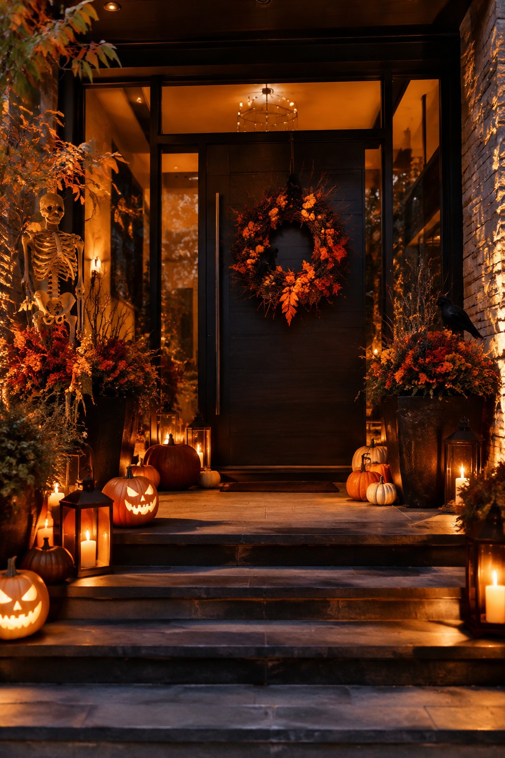Front entrance steps lined with carved jack-o'-lanterns, lit lanterns, and pumpkins leading to a dark wooden door with an autumn wreath.