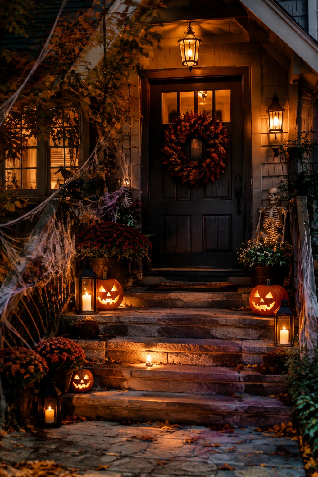 Stone steps leading to a dark front door lined with glowing jack o lanterns and lanterns for Halloween.