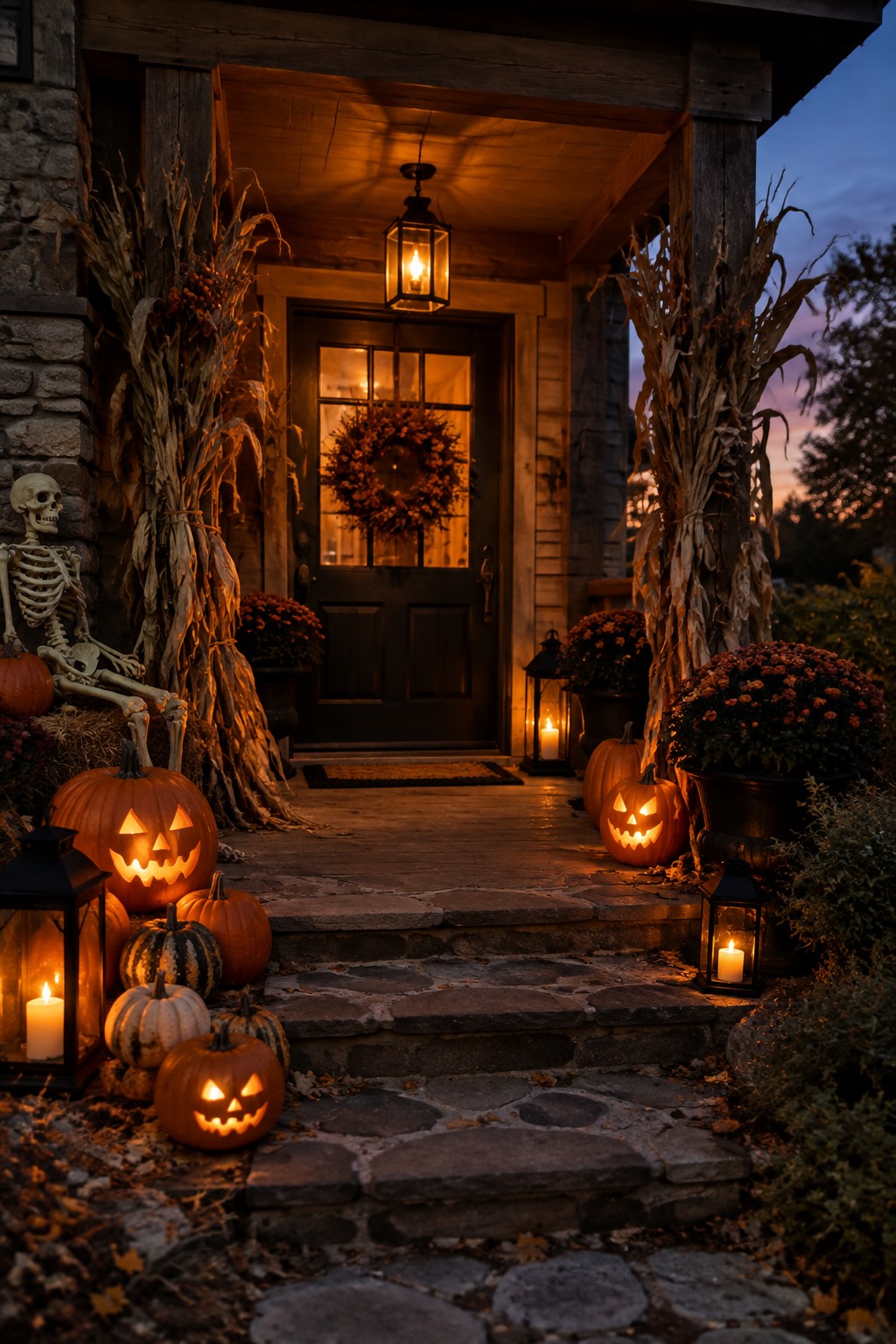 Front porch entrance with multiple carved glowing jack o lanterns arranged on the stone steps and ground beside a skeleton decoration and corn stalks.