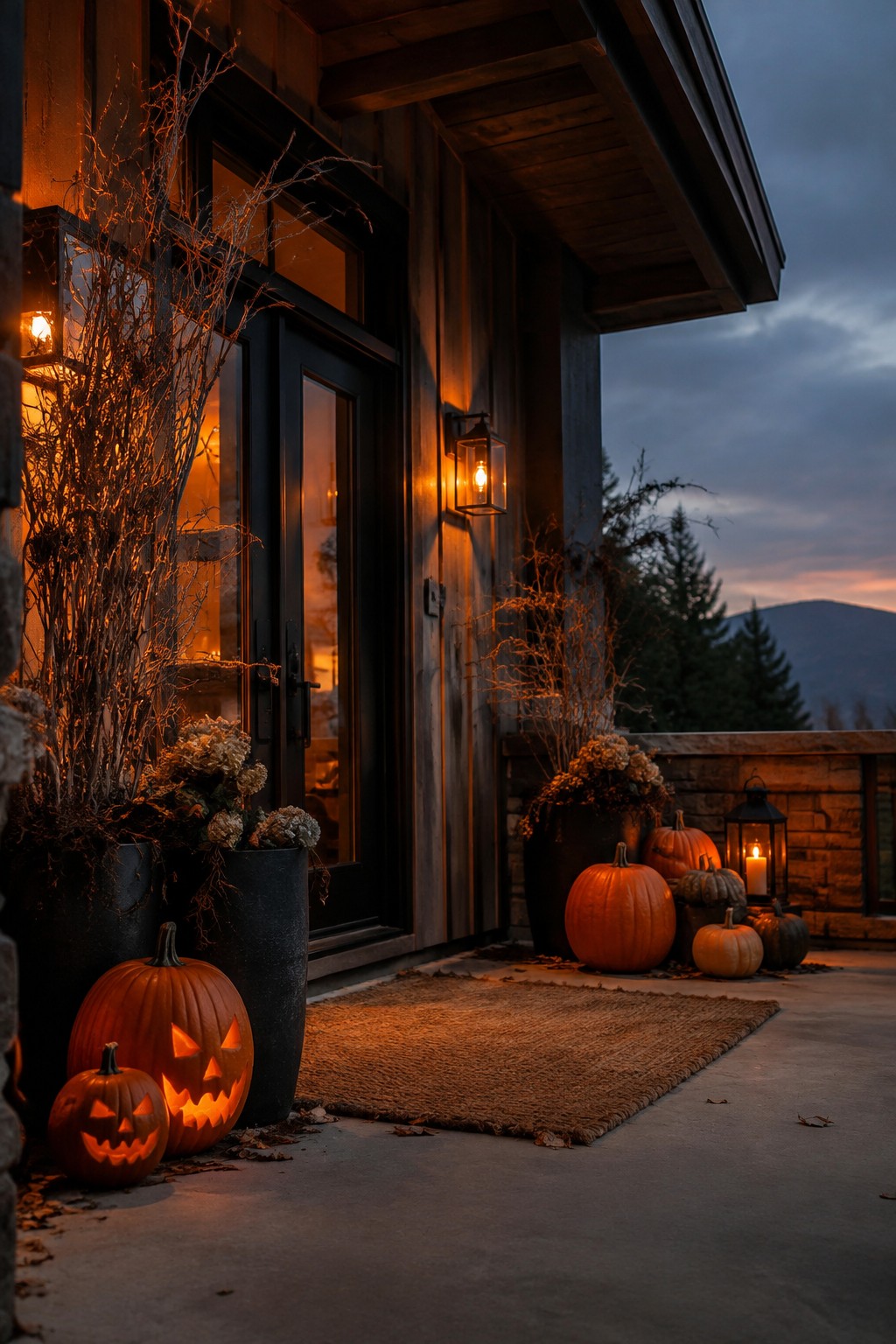 Front entrance with several carved jack o'lanterns glowing on the ground beside black planters and a woven doormat.