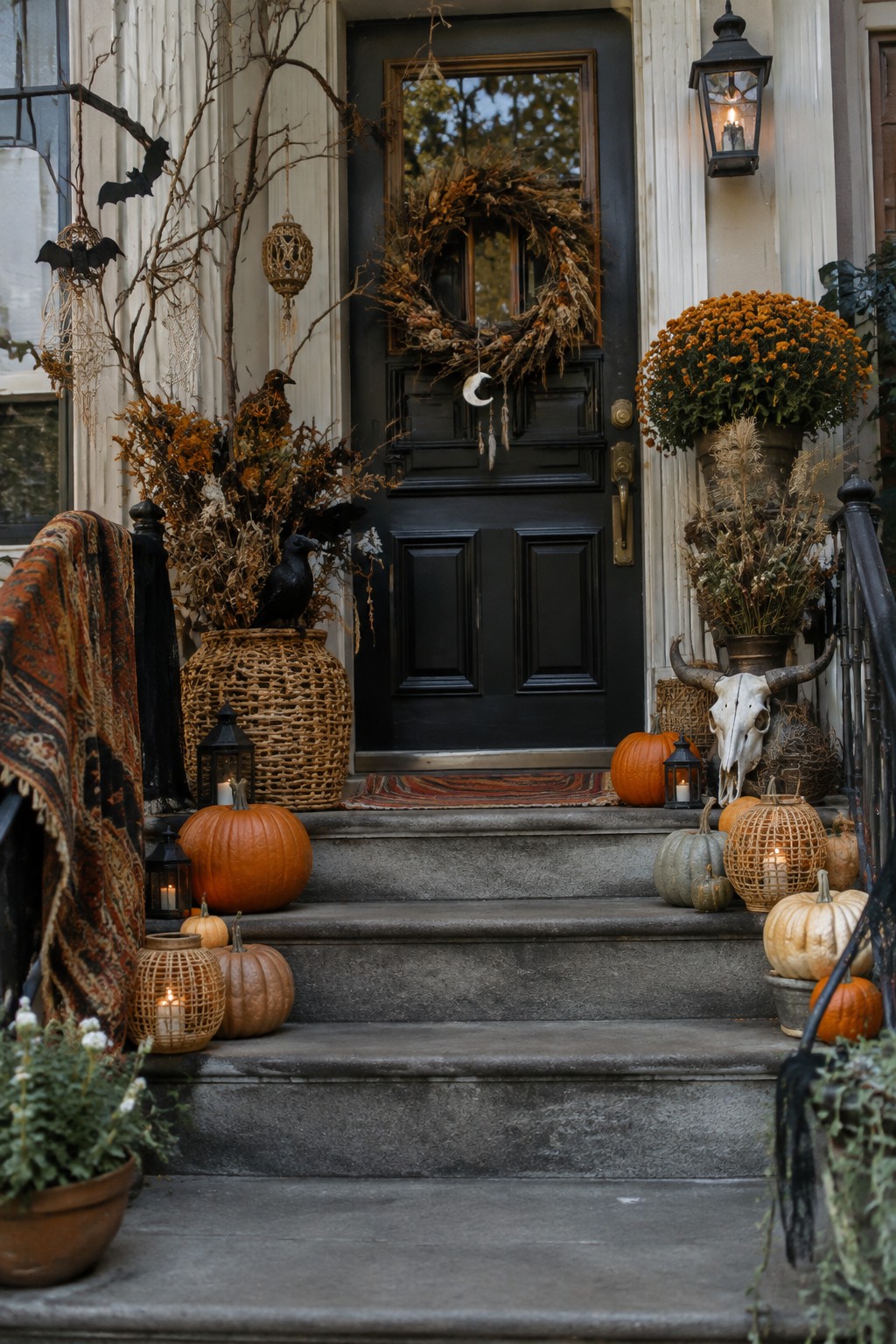 Front entrance with a black door, autumn wreath featuring a crescent moon, hanging black bats on branches, crows, pumpkins, and lanterns on the steps.