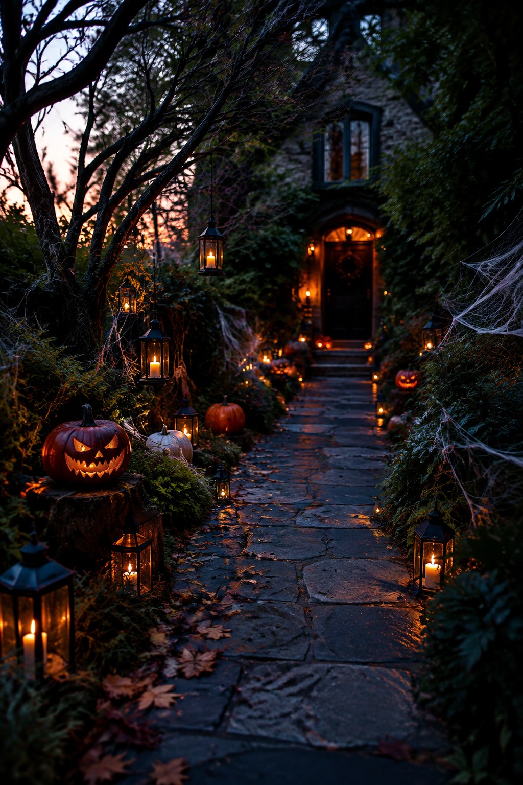 Twilight stone path with carved pumpkins, lit lanterns, and spider webs to house