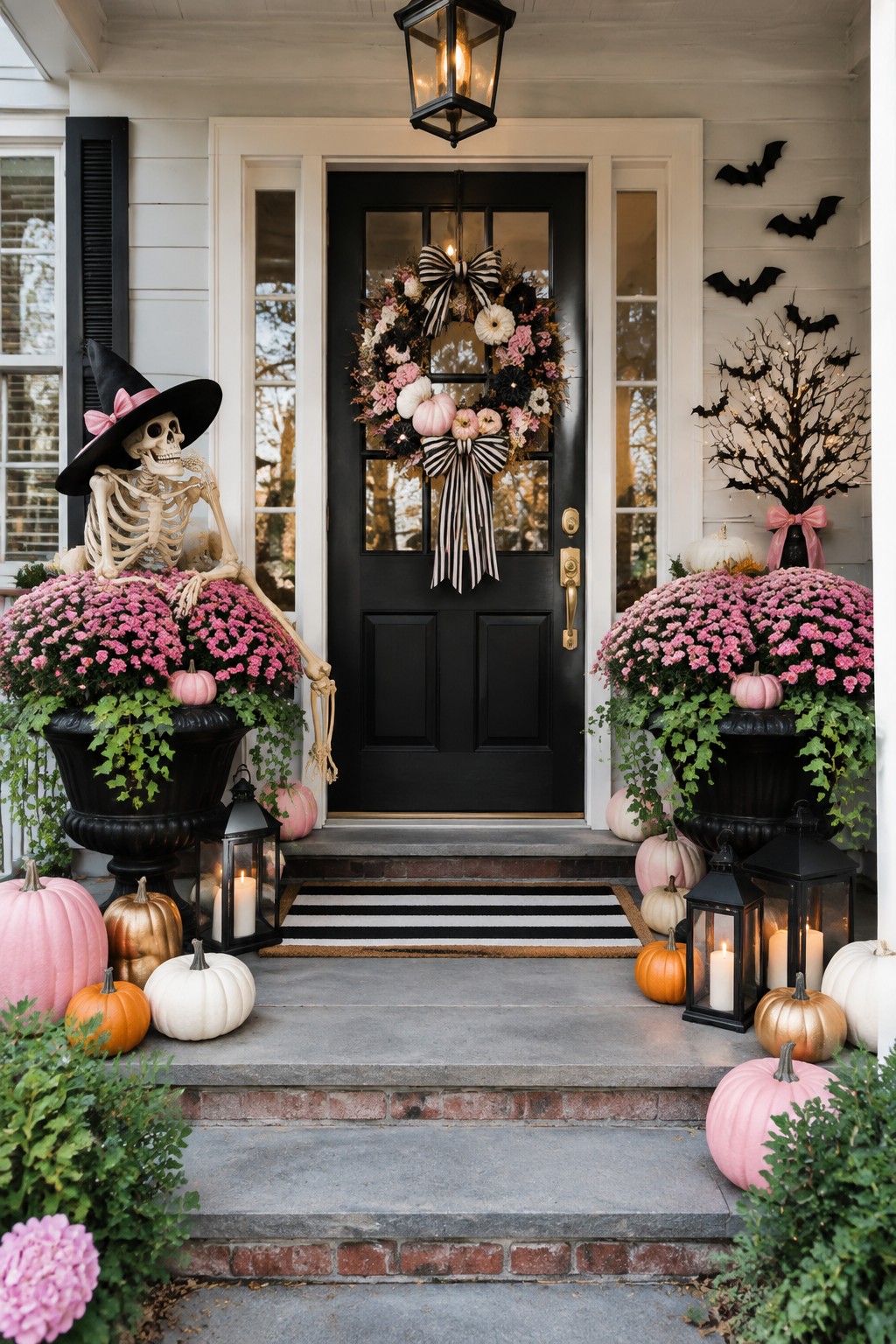 Front porch entrance featuring a skeleton in a witch hat seated in a large pot of pink flowers beside a black door with bats on the siding and a pumpkin wreath.