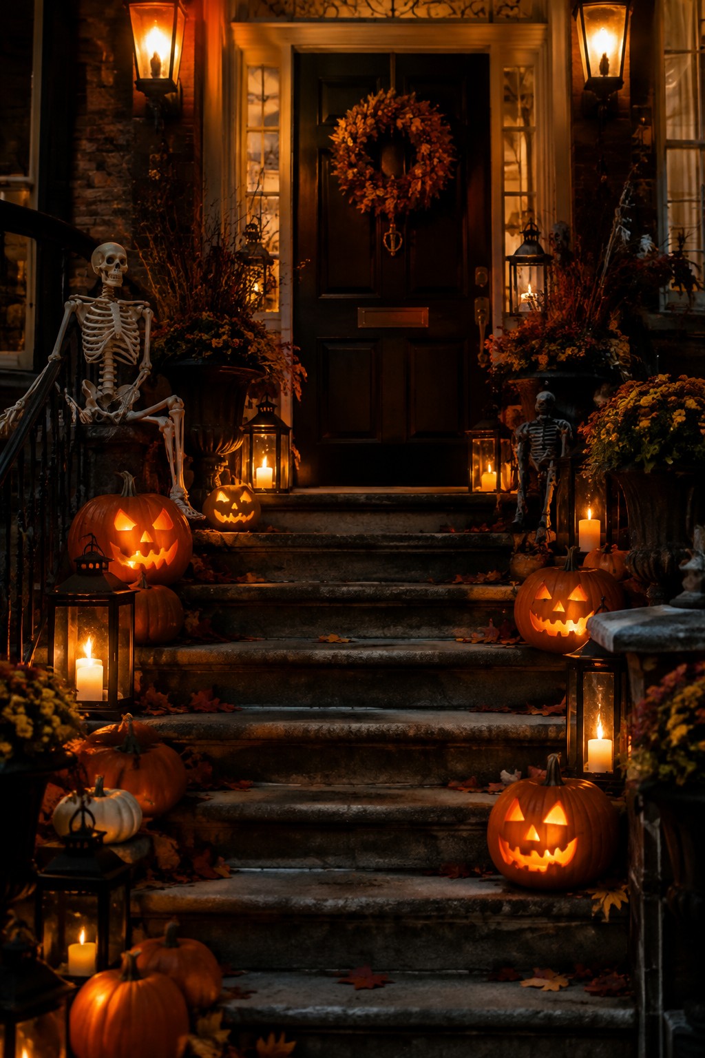 Front entrance steps lined with skeletons, carved glowing pumpkins, and lanterns at night.