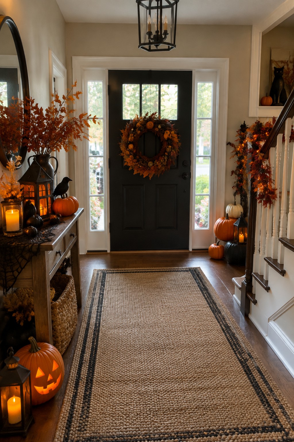 Entryway with black front door and console table styled with spiderweb runner, crow figure, lanterns, and jack o lantern pumpkins.