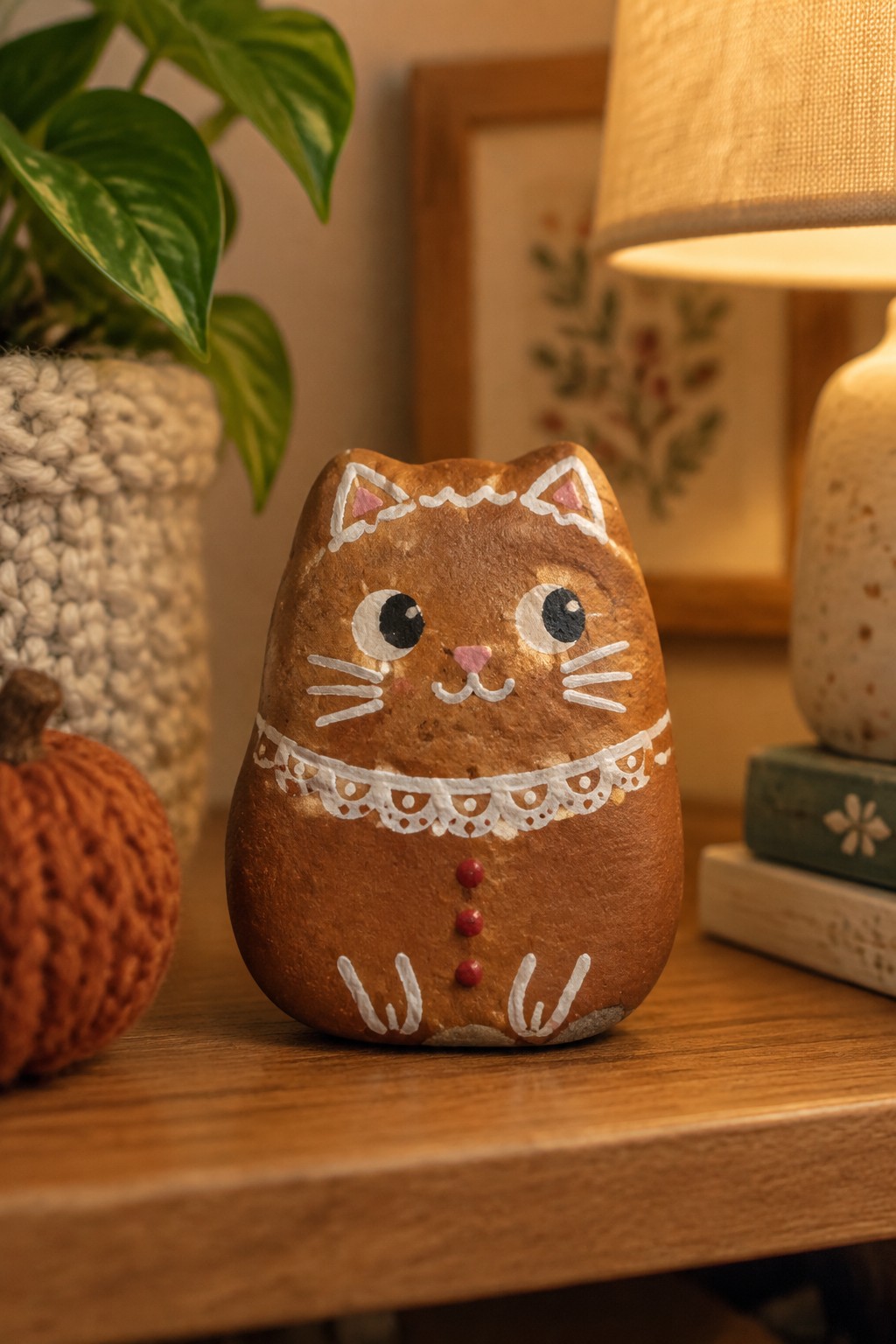 Brown gingerbread cat rock with white icing collar and buttons on wooden table