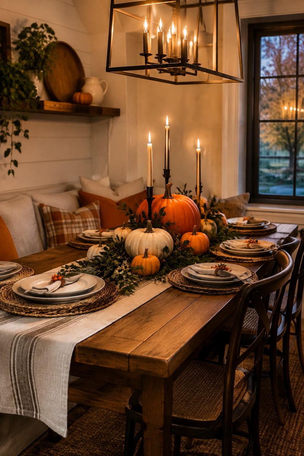 Long wooden dining table with a centerpiece of white and orange pumpkins arranged in a row with greenery and tall lit candles.