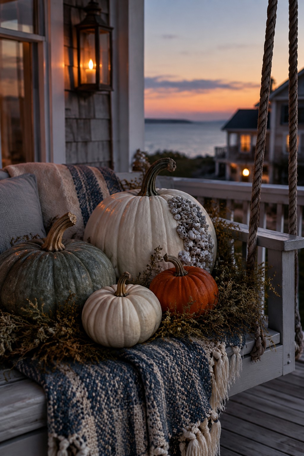 Porch swing holding several whole pumpkins in white, orange, and green tones along with blankets and dried foliage at dusk.