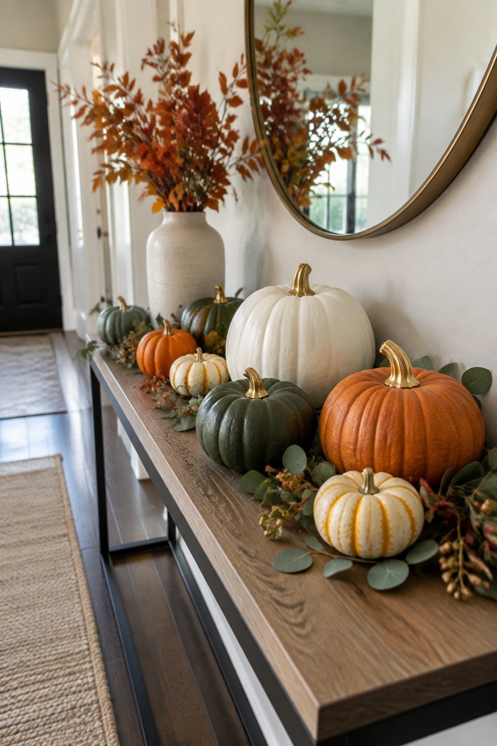 Entryway console table styled with assorted white, orange, and green pumpkins, some with gold stems, arranged with eucalyptus and autumn foliage.