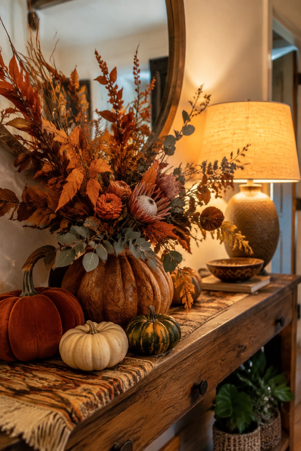Wooden console table in an entryway styled with various pumpkins in orange, white, and green, along with autumn foliage and a mirror above.